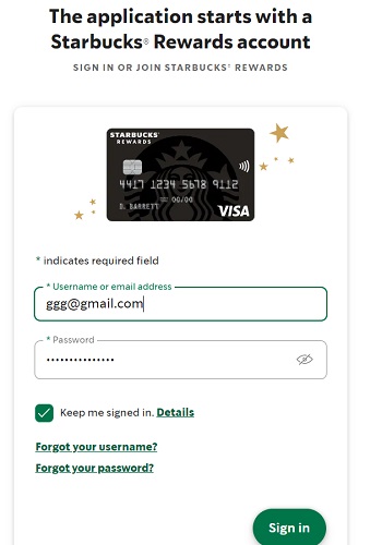 sign in page of Starbucks Rewards account