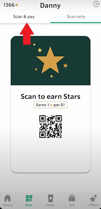 Starbucks app 'scan & pay' section